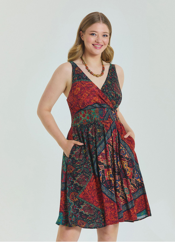 V Neck Robe Black Patterned Plus Size Dress 4585